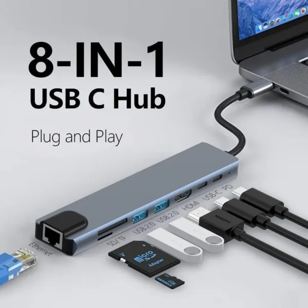 Adaptateur Hub Type C 8 en 1 vers HDMI/HDTV 4K+PD+2USB+SD+Type C+RJ45 – Image 2